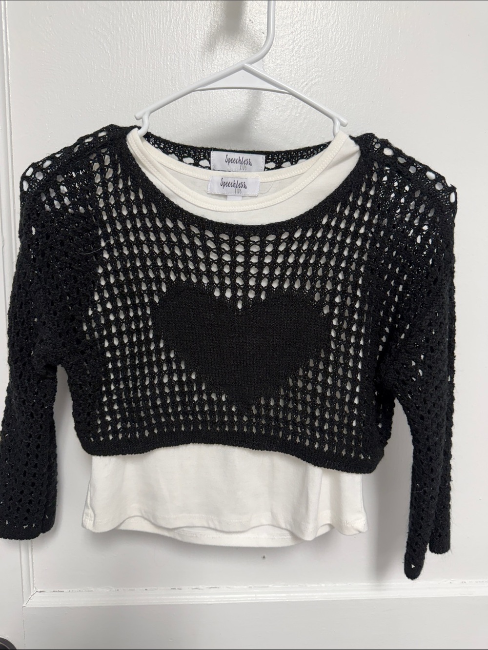 Speechless Black Cropped Crochet Heart Sweater
